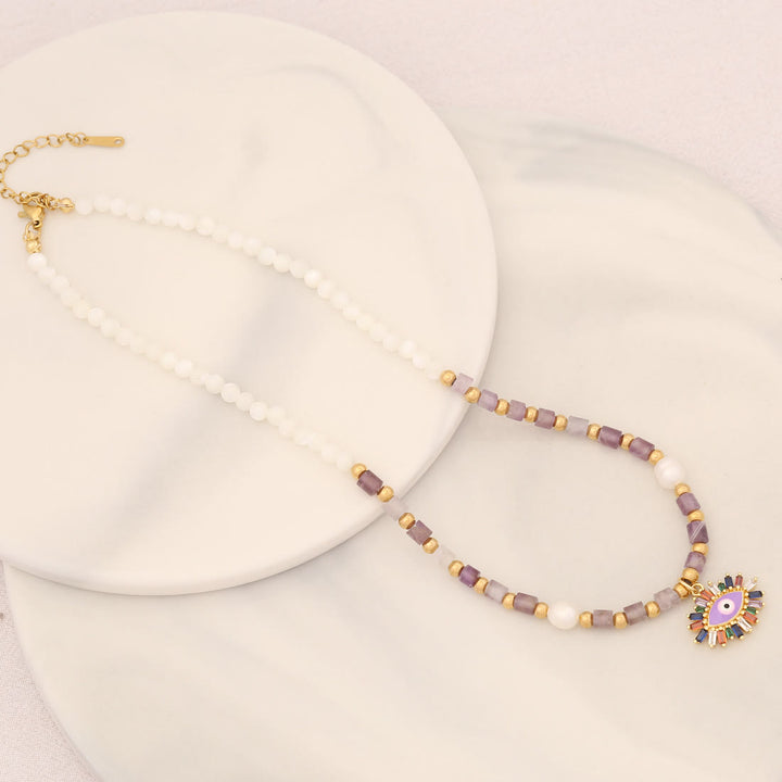 Olivenorma Natural Pearl Crystal Stone Evil Eye Pendant Necklace - Pearl&Amethyst - image 13