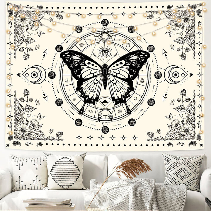Olivenorma Black Butterfly Moon Flower Beige Tapestry - image 6