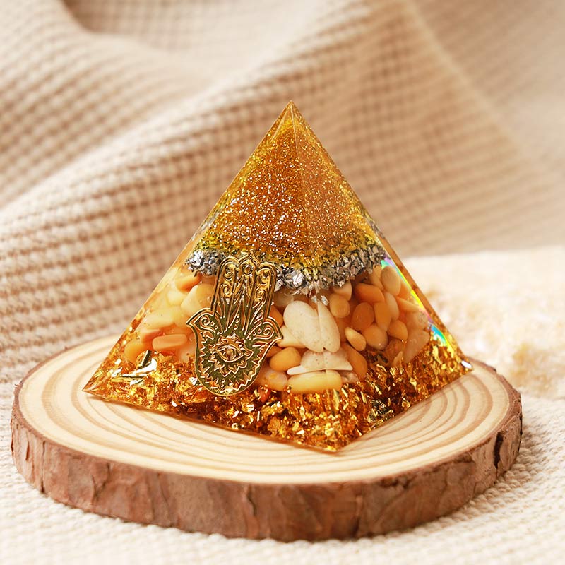 Olivenorma Yellow Jade Hamsa Protection Orgone Pyramid - image 1