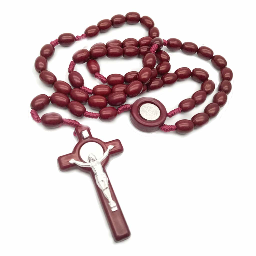 Olivenorma Wooden Beads Rosary Cross Necklace  - Wine Red - image 7
