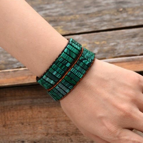 Olivenorma Natural Stone Square Leather String Wrap Bracelet - Malachite - image 6
