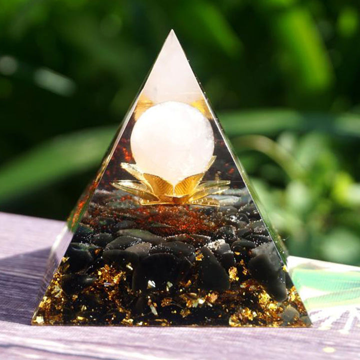 Clear Quartz Obsidian Lotus Symbol Orgone Pyramid - image 4