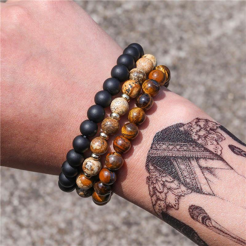Olivenorma 3Pcs Picture Jasper Tiger Eye Black Onyx Beaded Bracelets - image 3