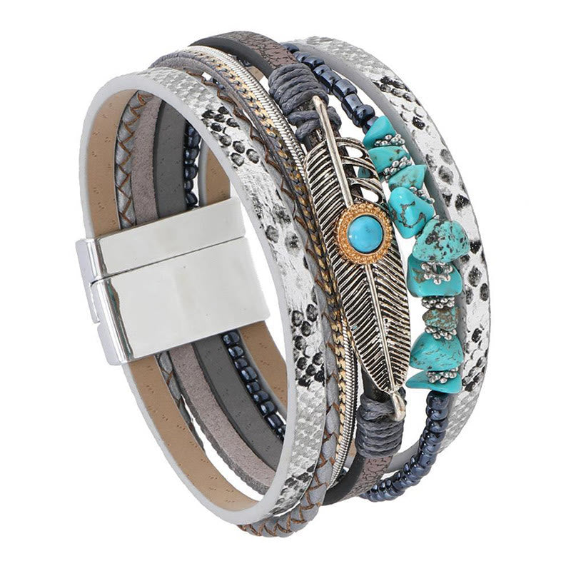 Olivenorma Brown Vintage Turquoise Multi-layer Leather Bracelet - Turquoise#Grey - image 3