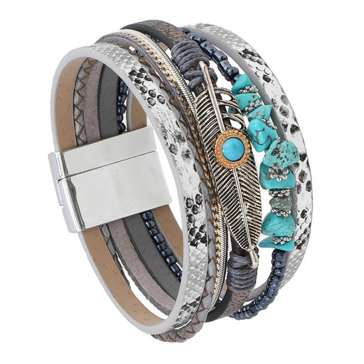 Olivenorma Brown Vintage Turquoise Multi-layer Leather Bracelet - Turquoise#Grey - image 3