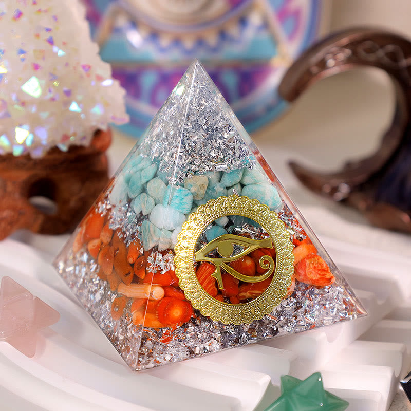 Olivenorma Amazonite Red Coral Eye Of Horus Orgone Pyramid - 3.93''*3.93''(10cm X 10cm) - YES PLEASE $8 - image 0