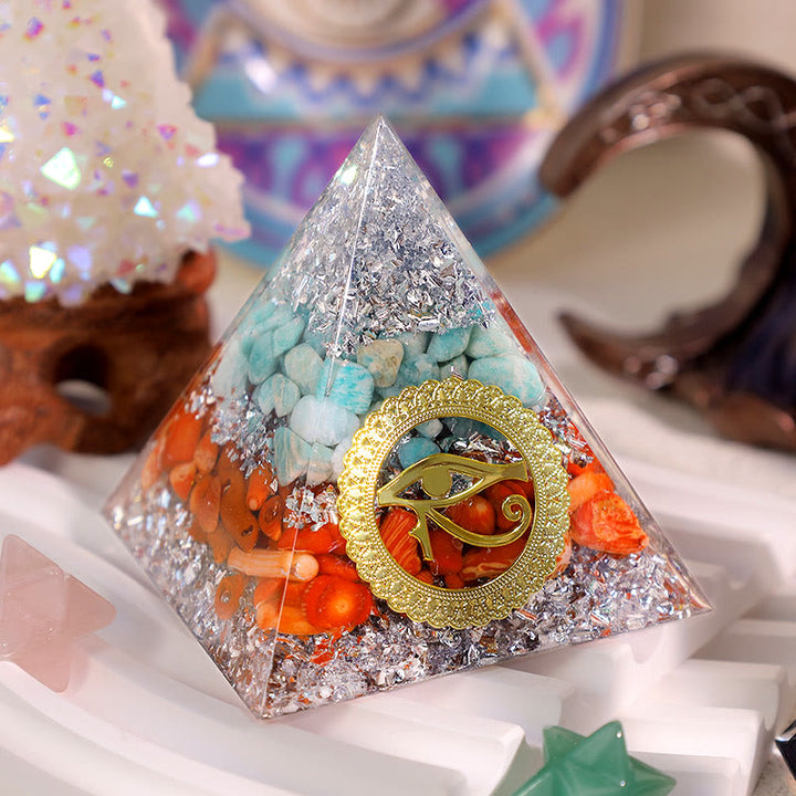 Olivenorma Amazonite Red Coral Eye Of Horus Orgone Pyramid - 3.93''*3.93''(10cm X 10cm) - YES PLEASE $8 - image 0