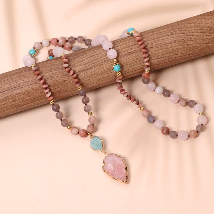 Natural Rose Quartz Mala Prayer Arrowhead Pendant Necklace - image 2