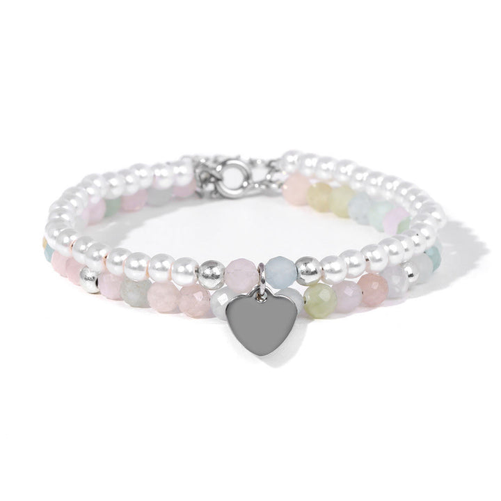 Olivenorma Faceted Stone Pearl Heart Charm Double Layer Bracelet - Rose Quartz&Pearl - image 11