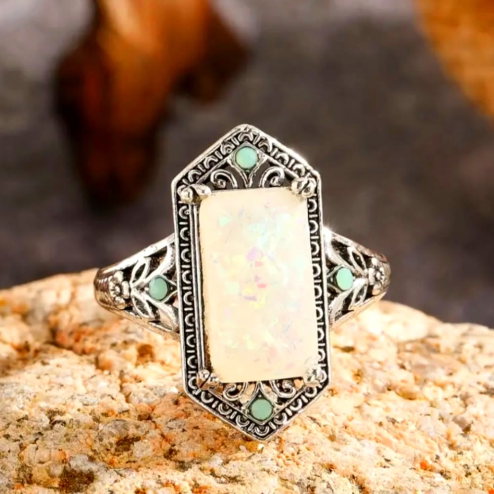 Olivenorma Square White Opal Antique Alloy Ring - Opal&Peridot - 11 - image 0