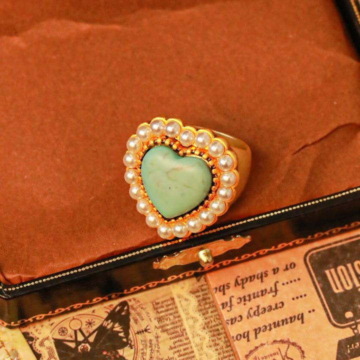 Olivenorma Turquoise Pearl Heart Shape Adjustable Ring - Turquoise&Pearl - image 0