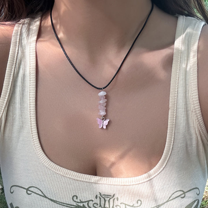 Olivenorma Natural Stone Butterfly Tassel Leather Wax Thread Necklace - Rose Quartz & Butterfly - image 3