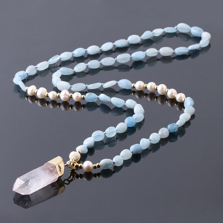 Olivenorma Irregular Crystal Column Pendant Long Necklace - Clear Quartz&Aquamarine&Freshwater Pearl - image 0