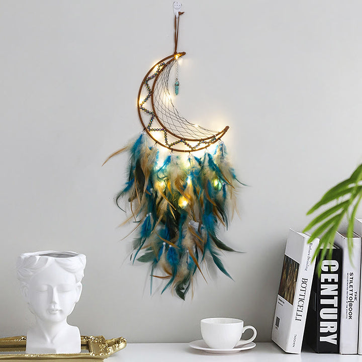 Olivenorma Turquoise Pendant Hematite Beaded Moon Feather Dream Catcher - With Lights - image 0