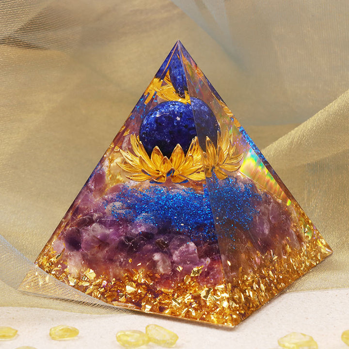 Olivenorma Amethyst Lapis Lazuli Lotus Symbol Orgone Pyramid - image 1