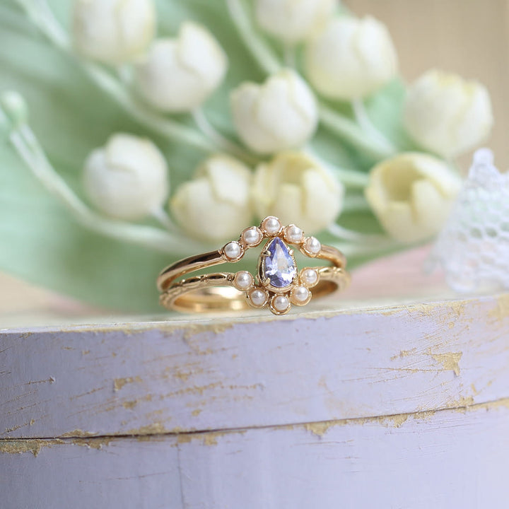Olivenorma S925 Sapphire Pearl Teardrop Double Layer Ring - image 11