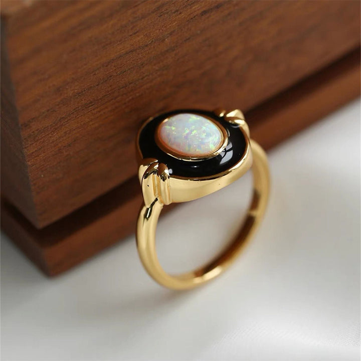 Olivenorma Dainty Opal Black Epoxy Vintage Ring - image 5