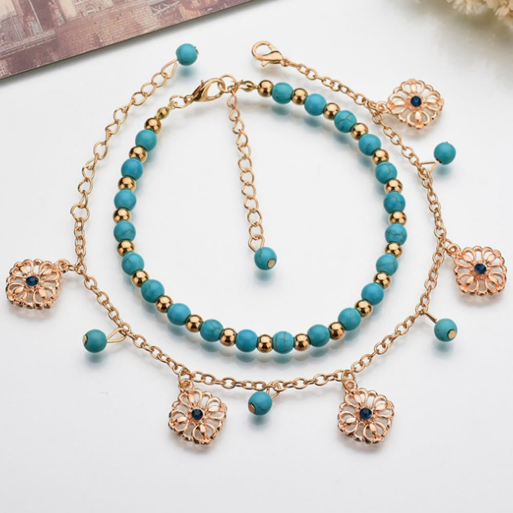 Olivenorma Turquoise Diamond Flower Pendant 2Set Bohemia Anklets - image 1