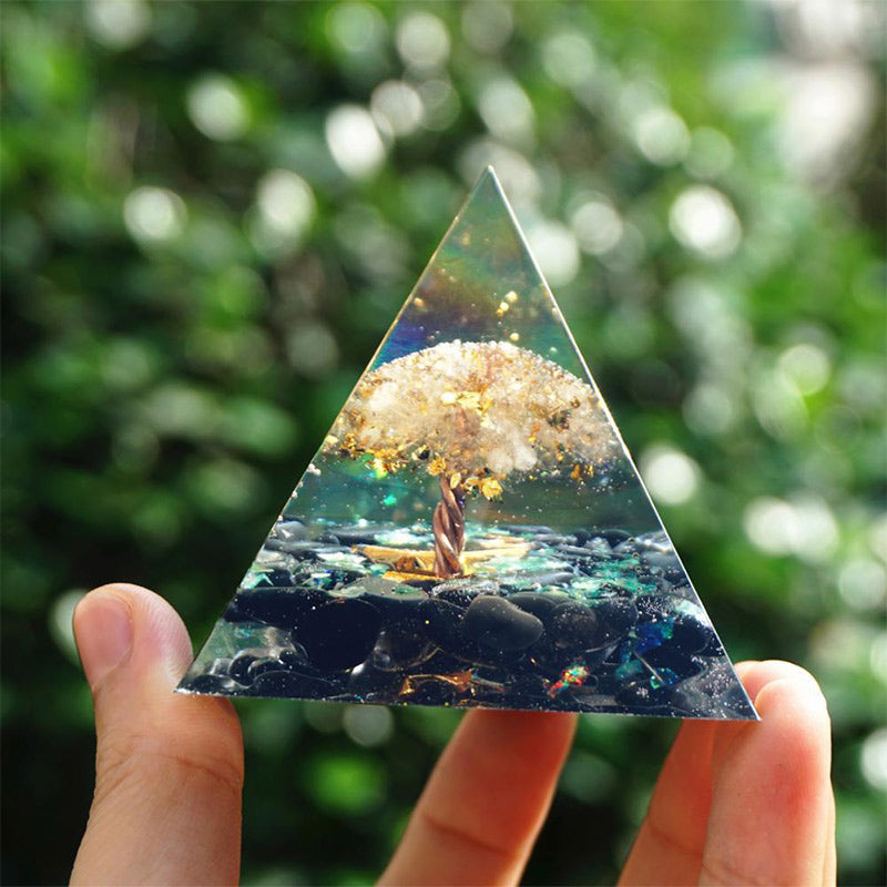 Olivenorma Obsidian with Clear Crystal Tree Of Life Orgone Pyramid - image 1