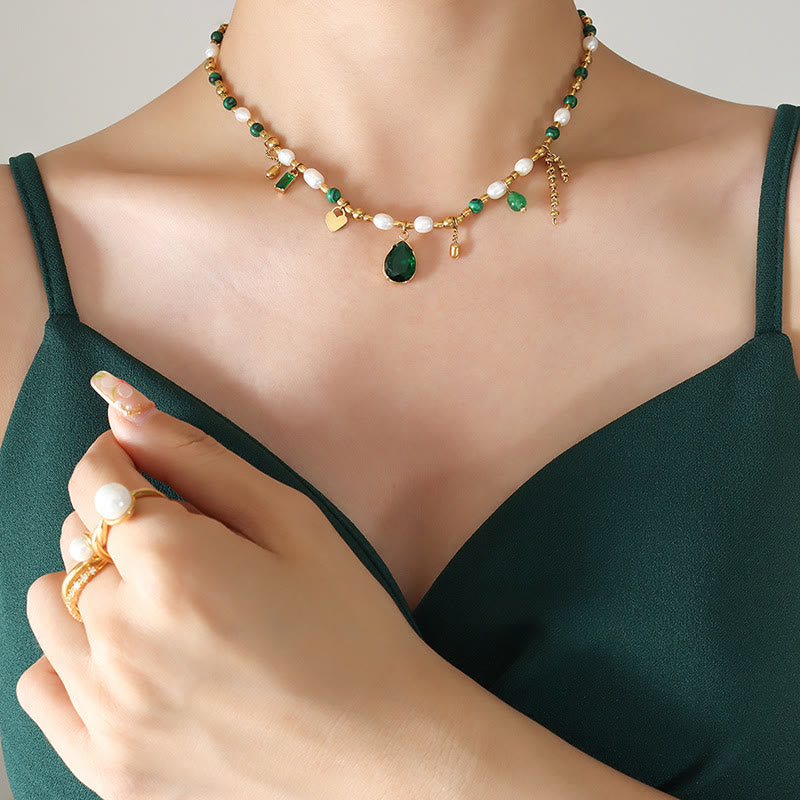 Olivenorma Emerald Pearl Beaded Non Fading Gold Necklace - image 4