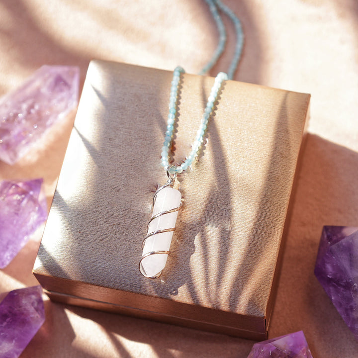 Olivenorma Natural Rough Stone Crystal Column Pendulum Necklace - Clear Crystal&Amazonite#2 - image 15