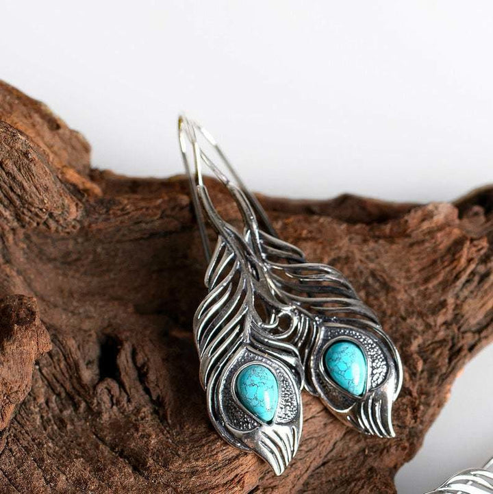 Olivenorma Vintage Turquoise Peacock Feather Cutout Bohemia Earrings - image 4