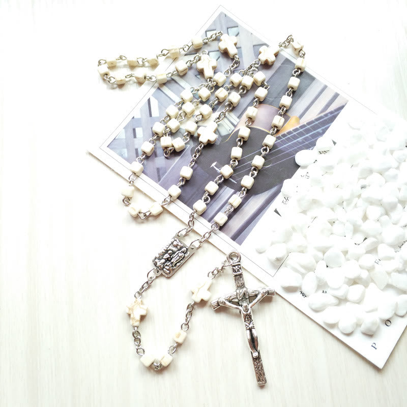 Olivenorma White Turquoise Cube Beaded Cross Rosary Necklace - image 1