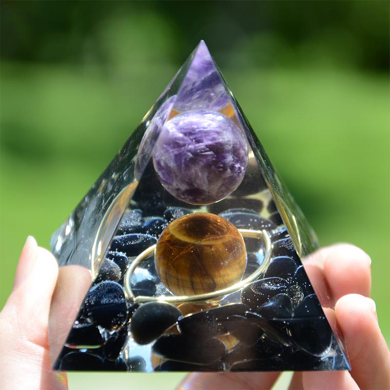 Amethyst Sphere With Obsidian Tiger Eye Orgone Pyramid - 10*10cm - image 0