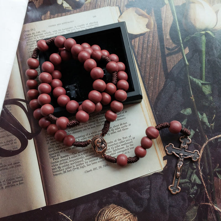 Olivenorma Red Brown 10mm Wooden Bead Cross Rosary Necklace - image 3