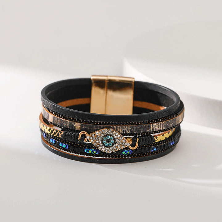 Olivenorma Zircon Evil Eye Faux Leopard Leather Pattern Bracelet - Black&Evil Eye - image 8