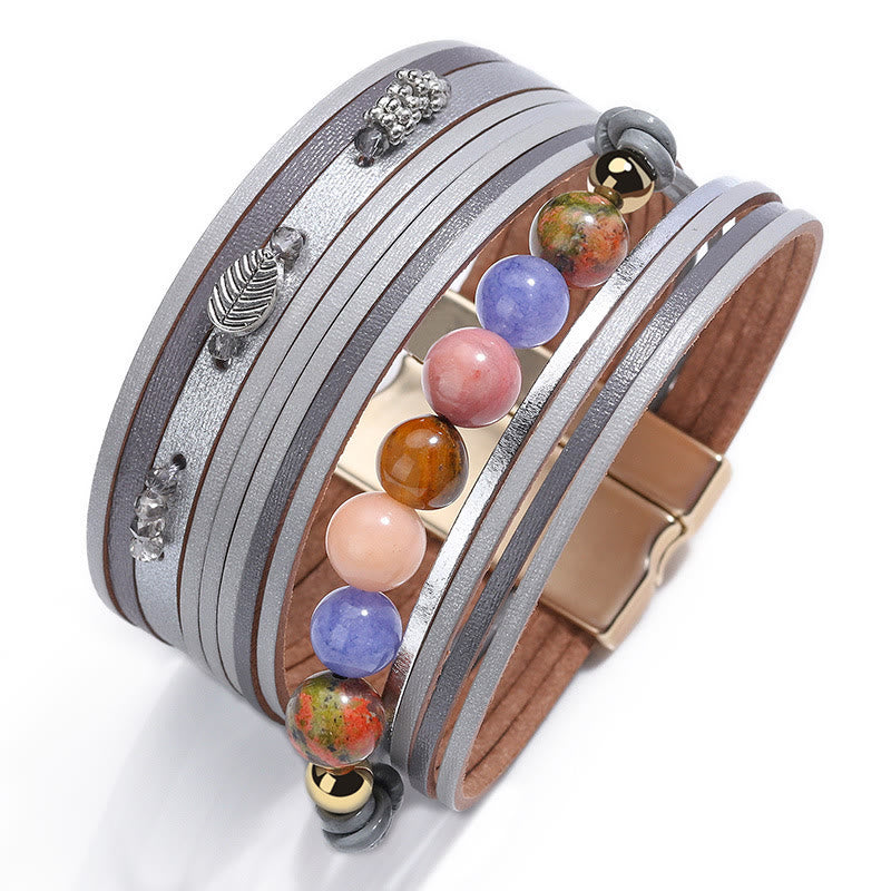 Olivenorma Natural Crystal Beaded Leather Multi-layer Bracelet - Grey - image 5