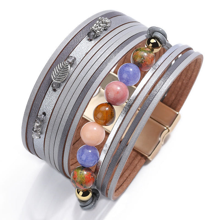 Olivenorma Natural Crystal Beaded Leather Multi-layer Bracelet - Grey - image 5