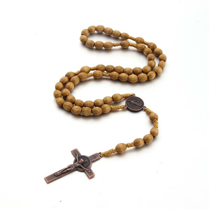 Olivenorma Knitted Vintage Cross Wood Rosary Necklace - Light Brown - image 6