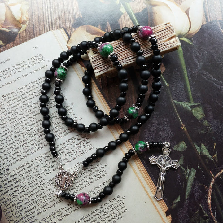 Olivenorma Black Onyx Ruby Zoisite Cross Rosary Necklace - Black Onyx&Ruby Zoisite - image 0