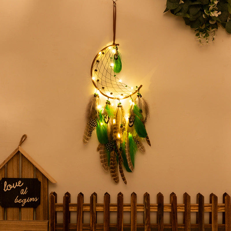 Olivenorma Natural Green Wooden Beads Peacock Feather Dream Catcher - Moon - With Lights - image 1