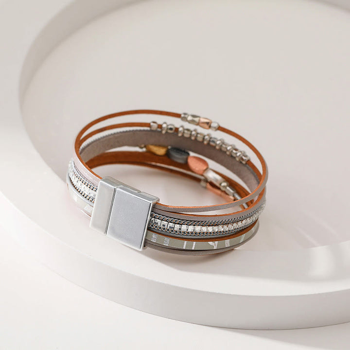 Olivenorma Hematite White Zircon Leaf Tiered Leather Bracelet - image 7