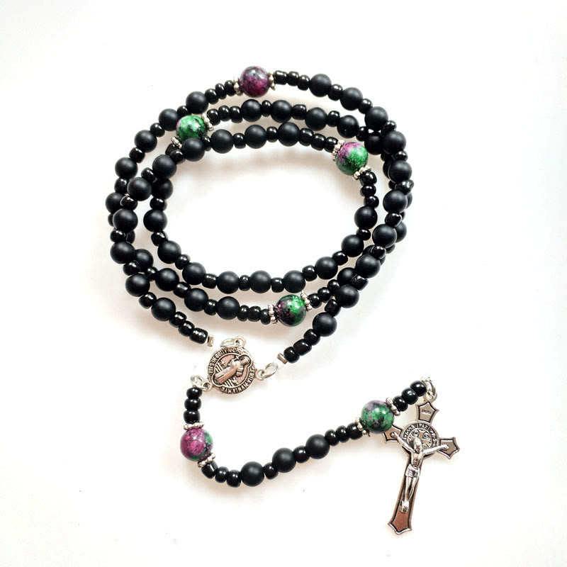 Olivenorma Black Onyx Ruby Zoisite Cross Rosary Necklace - image 5