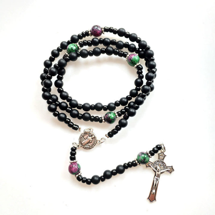 Olivenorma Black Onyx Ruby Zoisite Cross Rosary Necklace - image 5