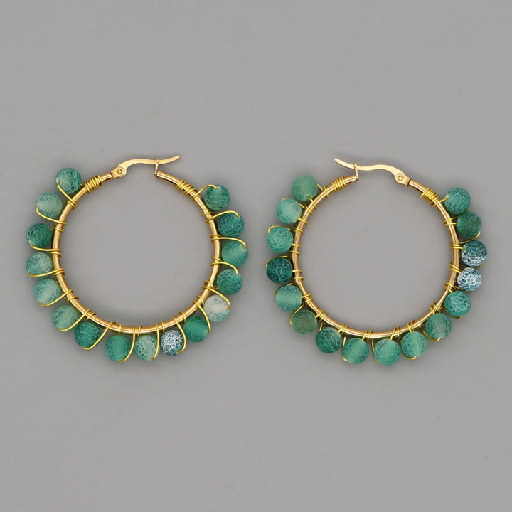 Olivenorma Boho Natural Crystal Beads Large Hoop Earrings - Green Aventurine - image 12