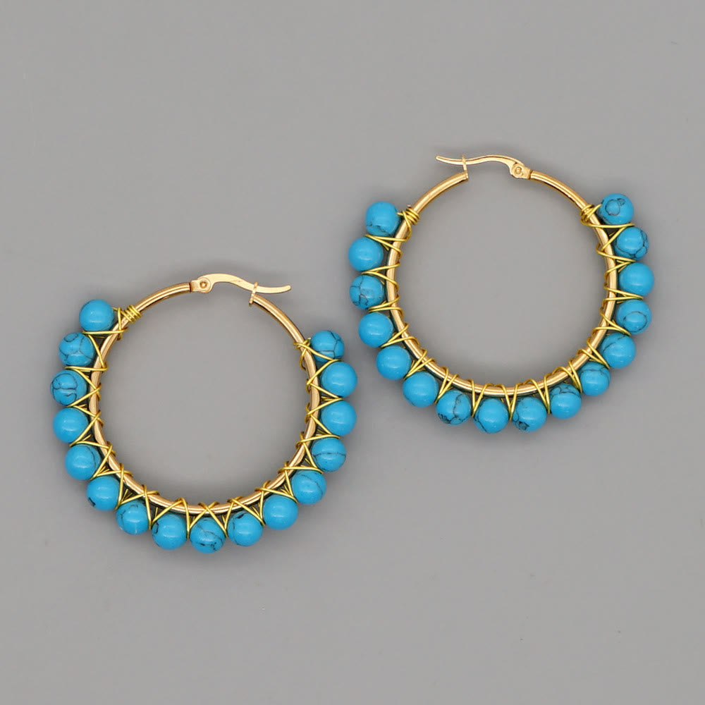 Olivenorma Boho Natural Crystal Beads Large Hoop Earrings - Blue Turquoise - image 8