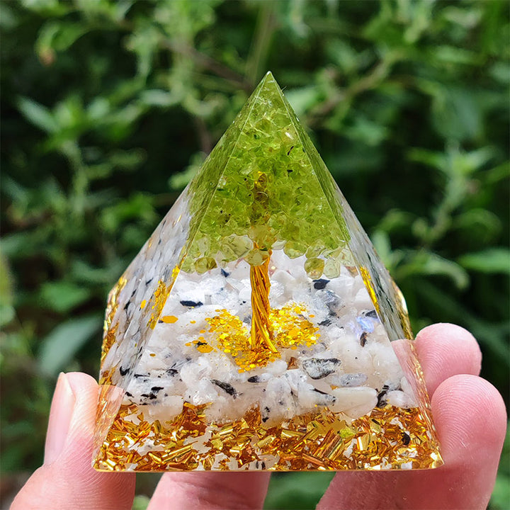 Olivenorma Moonstone with Peridot Tree Of Life Orgone Pyramid - 10*10cm - YES PLEASE $8 - image 0