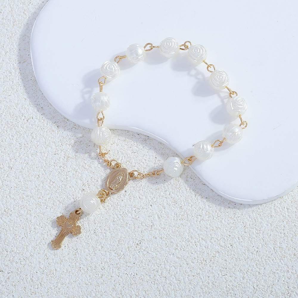 Olivenorma White Rose Flower Christianity Cross Rosary Bracelet - White Rose&Cross - Golden - image 0