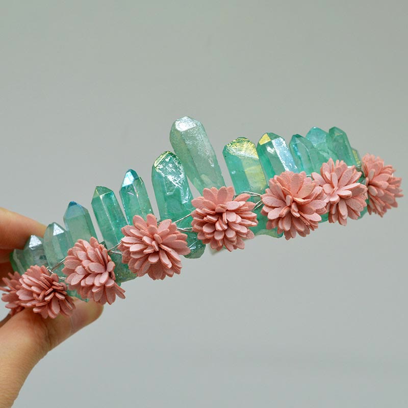 Olivenorma Natural Crystal Rainbow Crown Flower Tiara - Green Fluorite&Pink Flower - image 3