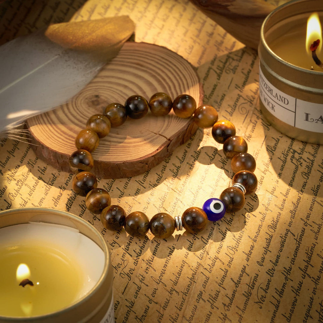 Olivenorma Tiger Eye Obsidian Evil Eye Beaded Mens Bracelet - Tiger Eye - image 0