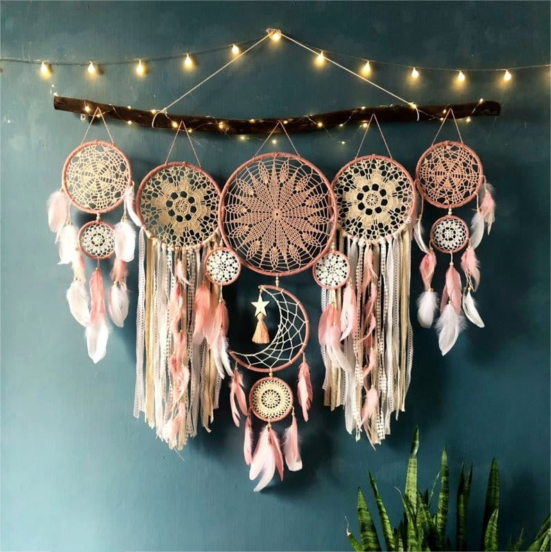 Olivenorma Set Of 5 Feather Moon And Stars Dream Catcher - Pink - image 4