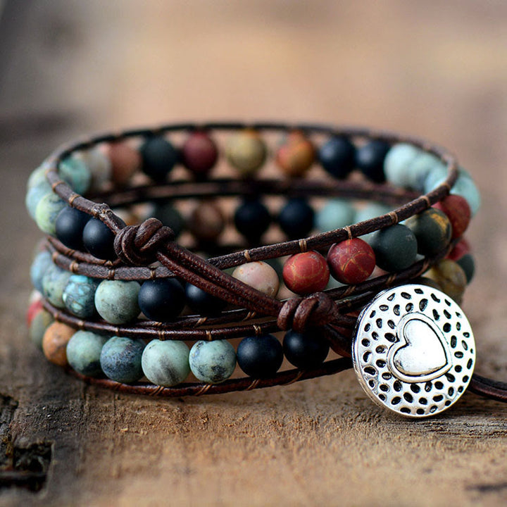Frosted Turquoise Beaded Handwoven Leather Wrap Bracelet - Natural Crystal Bracelet - image 0