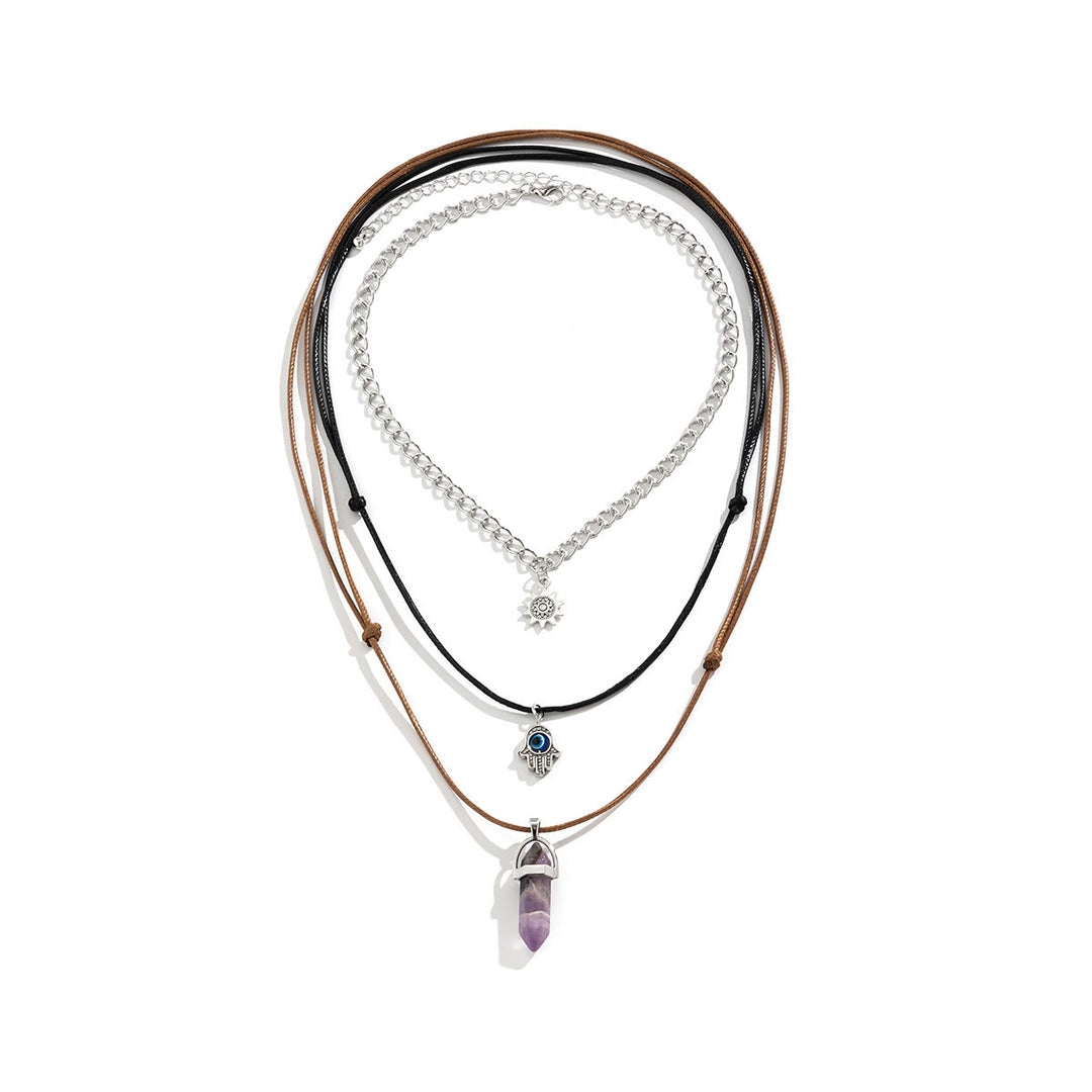 Olivenorma Multilayer Retro Hamsa Evil Eye & Sun Amethyst Column Necklace Set  - image 2