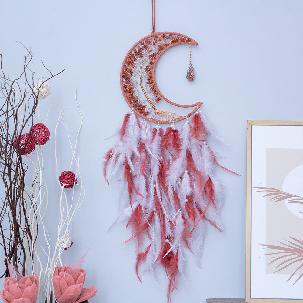 Olivenorma Natural Gravel Woven Tree of Life Moon Dream Catcher - Red Agate&Clear Crystal - image 0