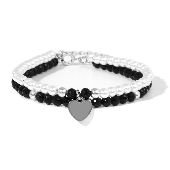 Olivenorma Faceted Stone Pearl Heart Charm Double Layer Bracelet - Obsidian&Pearl - image 4