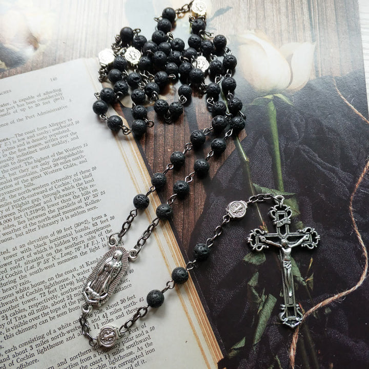 Olivenorma Lava Stone Catholic Cross Pendant Rosary Necklace - image 3